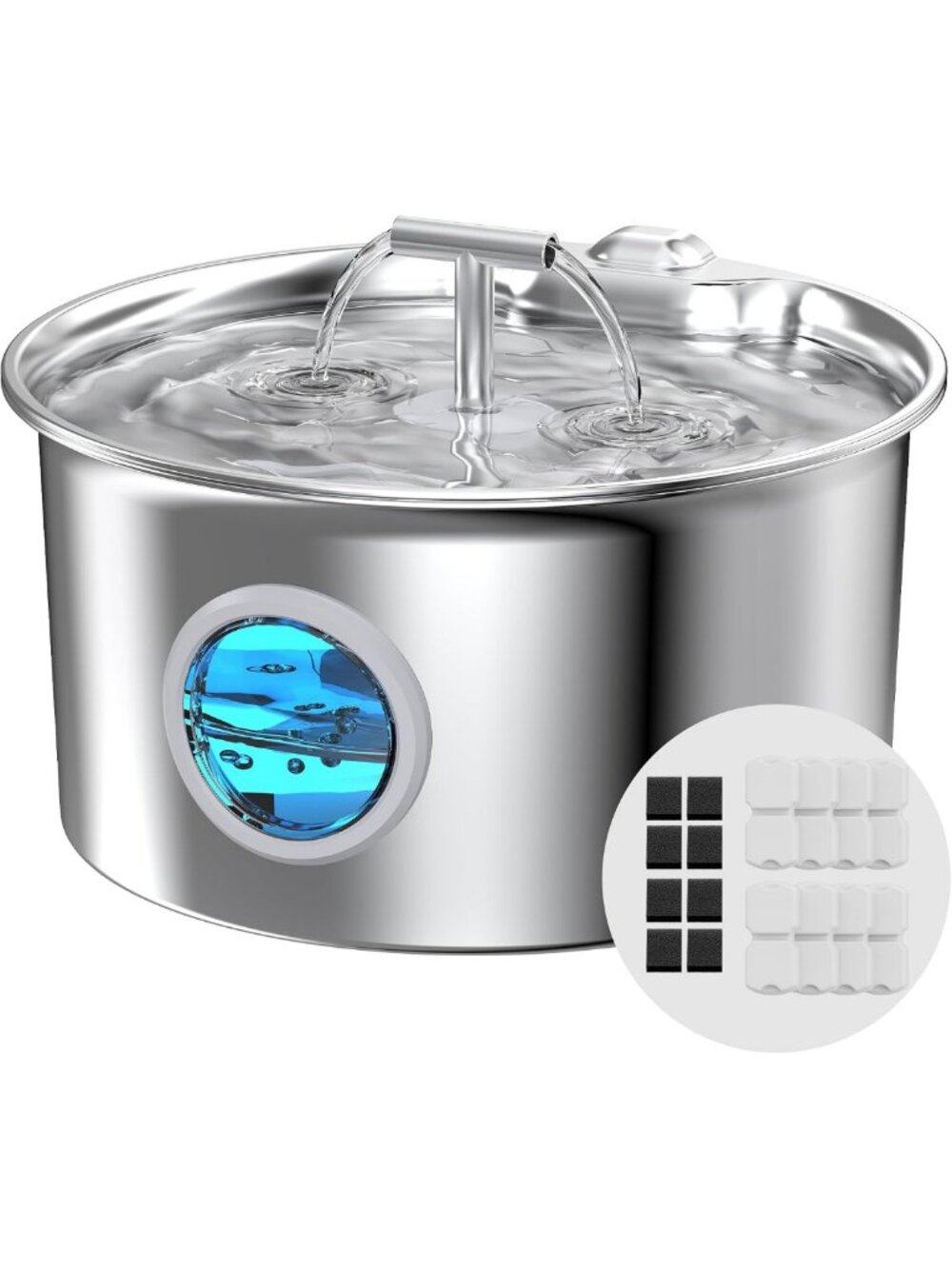 Stainless Steel Cat Water Fountain & Dispenser - 16 Replacement Filters Included